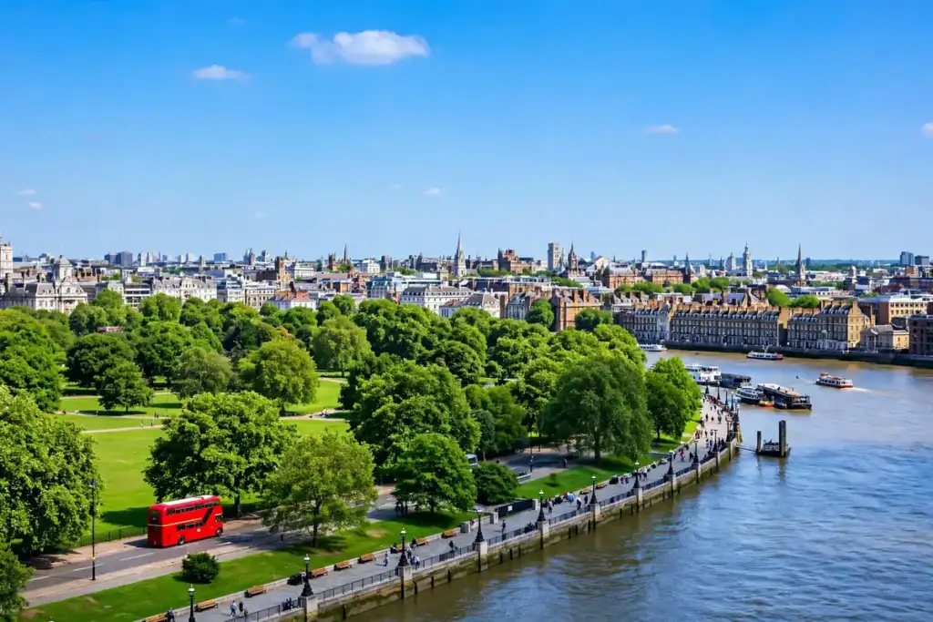 Joyful London scene with a red bus, green park, riverside walk and historic rooftops