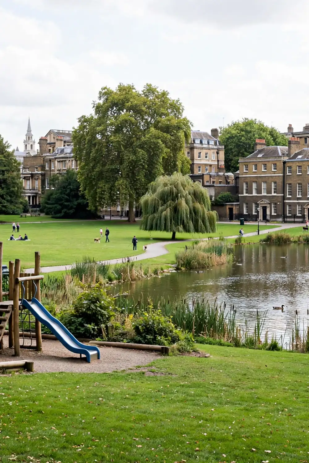 Family-friendly London park scene with a playground and green lawns
