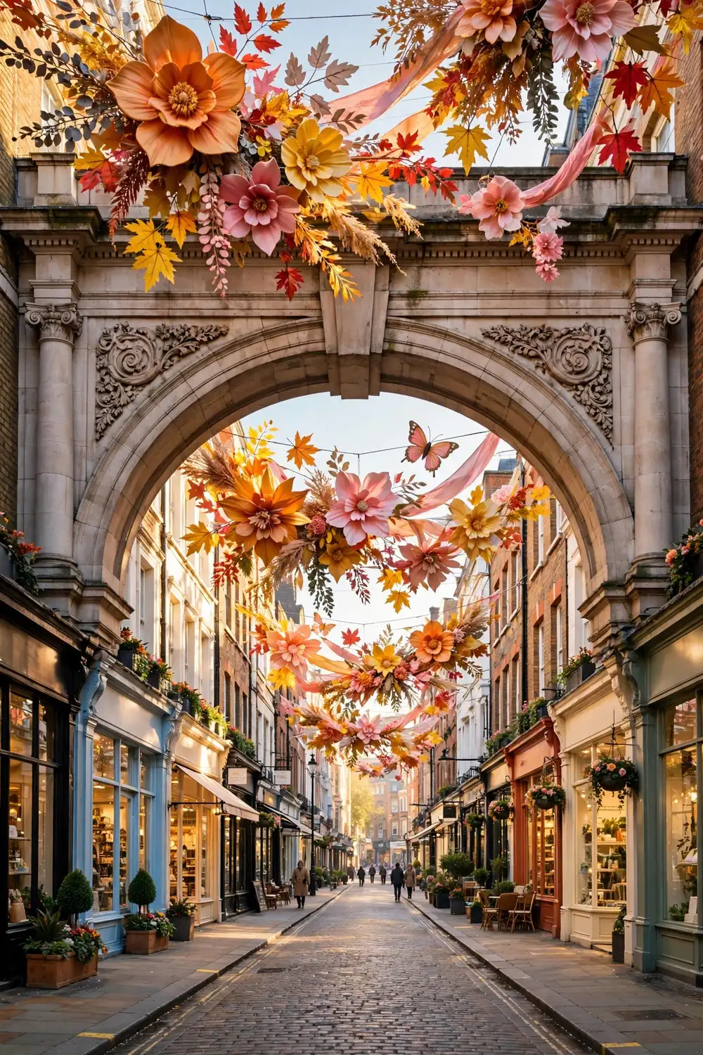 Decorative arch and colourful overhead floral installation above a London shopping street