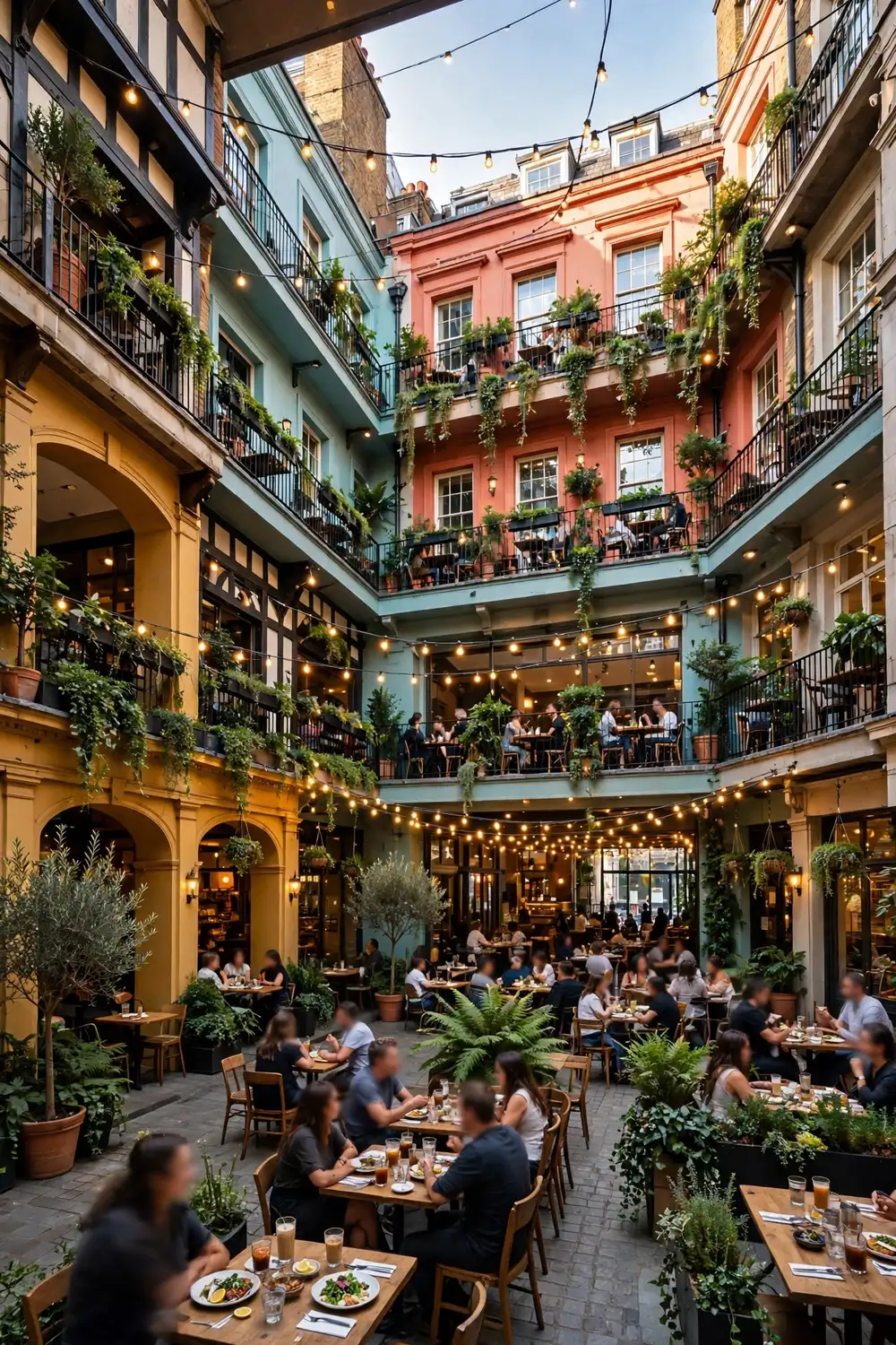 Three-storey open-air food courtyard with restaurants and festoon lights in central London