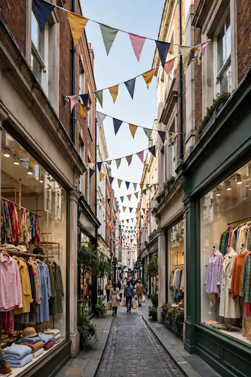 Fashion shop windows and bunting on a London shopping street