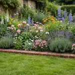 Brick garden edging separating a freshly mown lawn from a colourful cottage garden flower bed with lavender and perennials